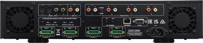 Rotel C8+ multicsatornás erősítő fekete színben, hátsó panel, csatlakozók és vezérlők, 12 csatorna, 2 ventilátor