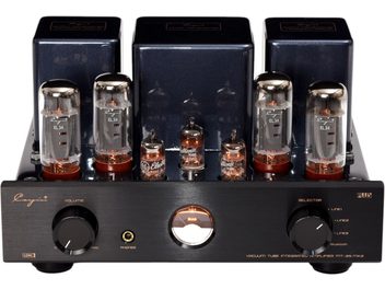 Cayin MT-35MK2 Bluetooth Stereo-Röhren-Vollverstärker in schwarzem, gebürstetem Metall, leicht von oben fotografiert, mit sechs leuchtenden Glasröhren, drei hinteren Transformatorgehäusen, zentralem VU-Meter, Kopfhöreranschluss und zwei großen Drehreglern an der Frontseite