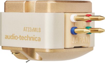Cápsula fonográfica Audio-Technica AT33xMLB, cuerpo metálico color champán y plástico beige, vista lateral, cuatro pines dorados