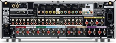 Marantz SR6010 sølv-guld hjemmebiograf-forstærker, frontpanel, forfra, mange lyd/video-stik, knapper og drejeknapper