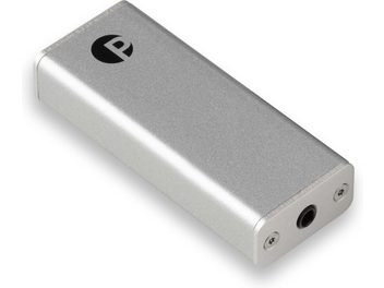 Přenosný audio konvertor DAC Box E mobile stříbrný, kovový obdélníkový kryt, perspektivní pohled, audio konektor na přední straně