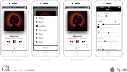 VSSL A.6X stereoanlegg, visning av soner og musikkvalg i VSSL-appen, albumcover "Chord Left"