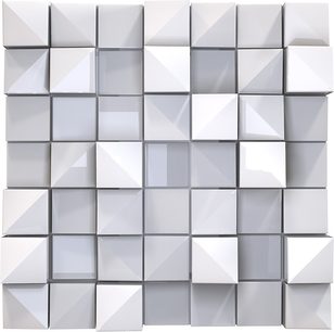 Difusor acústico de pared Artnovion ALPS W, estructura alveolada en 49 cubos blancos, vista frontal