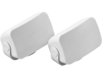 Dos altavoces de exterior rectangulares blancos Sonos Outdoor by Sonance, rejilla metálica, logotipo gris claro