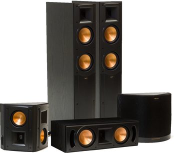 Pakke med Klipsch RF-52 MKII sorte gulvhøjttalere, centerhøjttaler og boghyldehøjttalere, med kobberhøjttalere og forgyldte domer