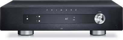 Juodas „Primare I25" stereo hi-fi stiprintuvas, priekinis vaizdas, mygtukai, ekranas, ausinių lizdas, šlifuoto aliuminio apdaila