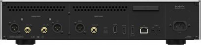 Player audio de rețea Matrix Audio MS-1c, vedere din spate neagră cu ieșiri XLR/RCA, porturi USB, LAN și intrare de alimentare