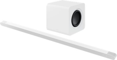 Soundbar Samsung HW-S801B bianca, vista frontale, con altoparlante centrale nero, forma rettangolare allungata