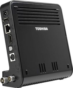 Sort Toshiba STB2F kabinet, frontpanel med ventilationshuller, USB- og HDMI-porte, LED-indikatorer, infrarød modtager