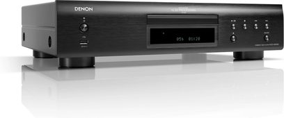 Denon DCD-900NE musta CD-soitin, etunäkymä, sininen digitaalinäyttö, painikkeet ja säätimet etupaneelissa, liitännät takana