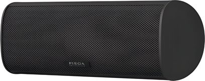 Sort Piega Ace Center trådløs højttaler, cylindrisk soundbar-format, sort metalgitter set i trekvart profil