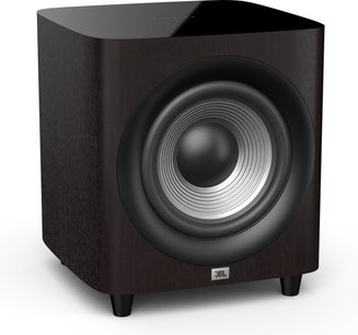 JBL Studio 660P baskabin i mørk valnød, set forfra, kubisk form, mørk træfinish, central rund sort højttaler