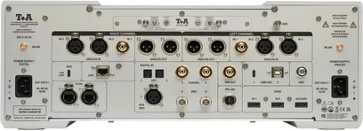 Reproductor de audio en red T+A SDX 3100 HV plateado, vista trasera con conexiones analógicas y digitales
