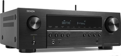 Denon AVC-S660H sort hjemmebiografsforstærker, frontpanel, frontvisning, kontrolknapper og -hjul, LED-display, hovedtelefon- og mikrofonindgange