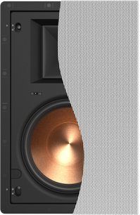 Schwarzer Klipsch PRO-18-RW Wandeinbaulautsprecher mit weißem Gitter und sichtbarem Kupferlautsprecher