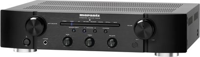 Zwarte Marantz PM6005 hi-fi stereo-versterker, voorzijde met knoppen, draaiknoppen en aansluitingen, vooraanzicht