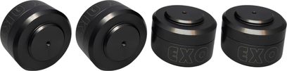 Set de patru amortizoare antivibrații Aktyna EXO negre din metal, cilindrice cu două niveluri, cu gravura EXO pe margine, vedere în perspectivă trei sferturi