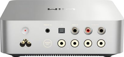 Amplificatore stereo WiiM Vibelink Amp in metallo argento, vista posteriore, prese RCA/coassiali, porta ottica, uscite altoparlanti a 4 terminali