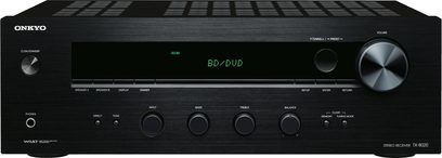 Onkyo TX-8020 sort hi-fi stereoforstærker, set forfra, sort front med sølvfarvede knapper og drejeknap, grøn display med "BD/DVD"