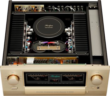 Integreret stereo hi-fi forstærker E-5000, set ovenfra, åben kabinet, synlige interne komponenter, gylden front, runde knapper