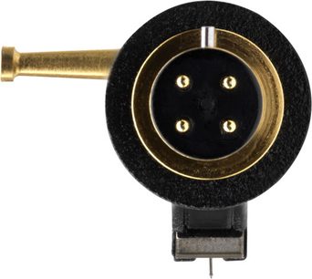 Ortofon MC XPRESSION pladespiller pickup, set ovenfra, sort og gylden cirkulær stik, 4 gyldne ben, gylden arm