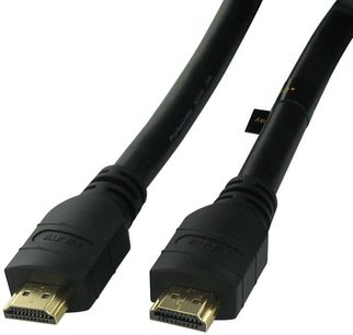 To 20 meter lange sorte HDMI-kabler fra Connect Research CV1020PA med forgyldte stik, lagt parallelt på en hvid baggrund