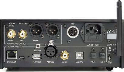Leitor de áudio em rede Gold Note DS-10 EVO prata, vista traseira, conectores de áudio e alimentação, antena à direita