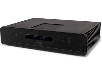 CD player high-fidelity Atoll Electronique CD400 Evolution negru din aluminiu periat, vedere din față-dreapta în unghi, afișaj digital albastru central, șase butoane rotunde dispuse pe panoul frontal, laterale cu fante de ventilație și tavă top-loading încastrată în partea superioară