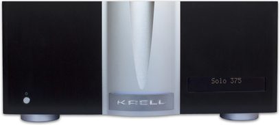 Krell DUO 125 forstærker i mat sort, frontpanel i børstet lysegrå aluminium, indgraveret logo, blåt display, set forfra