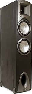 Klipsch Synergy F3 dark wood floor-standing speaker, front view, with two round woofers and a tweeter