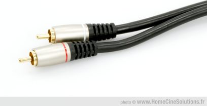 Analogt RCA-lydkabel fra Real Cable i sort og hvid modulation, guldbelagte stik, nærbillede, set ovenfra