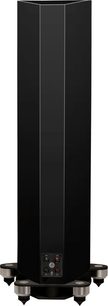 Fyne Audio F702 SP søjlehøjttaler i sort lak, set bagfra, synlige lydstik, metalfod med stabiliserende spikes