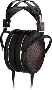 Auriculares hi-fi con cable abiertos Audeze CRBN2, vista lateral, diadema negra perforada, almohadillas circulares, rejilla metálica