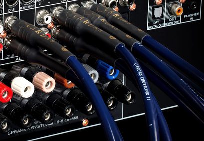 Cardas Crosslink 1m blue and black RCA audio cables, gold-plated connectors, on recording studio control panel