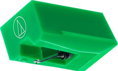 Audio-Technica ATN95E Plattenspieler-Diamant aus Platin, leuchtend grüner Tonabnehmerkörper mit schwarzer Abtastnadel in Nahaufnahme