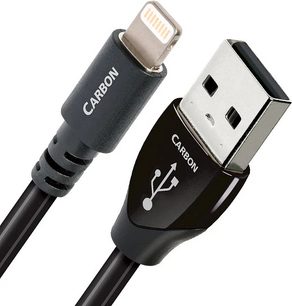 Kabel USB Audioquest Carbon USB A do Lightning, czarny, srebrne złącza, 1,5 metra, widok z przodu