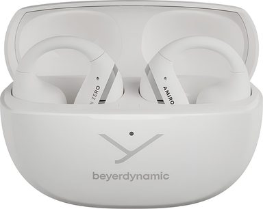 Auriculares Beyerdynamic Amiron Zero brancos em plástico, no estojo de carregamento aberto com logótipo e LED, vista frontal