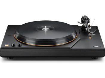 Black MoFi Electronics MasterDeck turntable with right-hand tonearm and orange trim beneath the platter