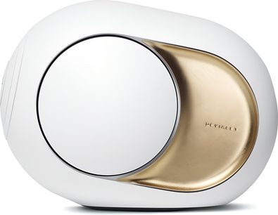 Cassa DEVIALET Phantom Ultimate 108 dB Opéra de Paris stereo, scocca bianca, pannello laterale dorato metallico, vista laterale