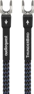 ThunderBird GroundGoody phono-kabel med sølvfarvede metalstik, sort og blå flettet kappe, synlige hvide inskriptioner