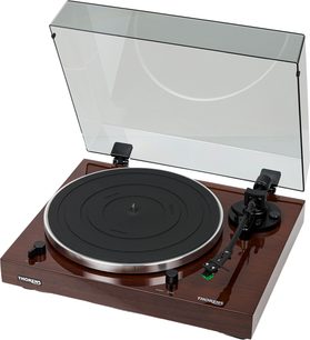 Hi-fi turntable TD 202 walnut with rectangular wood-finish base, black circular platter, tonearm, and open transparent cover