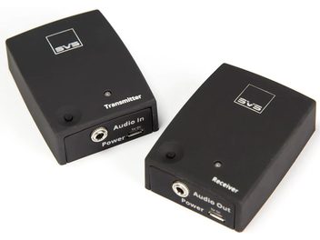 SVS SoundPath black wireless audio transmitter, front and back view, with audio connector and power button