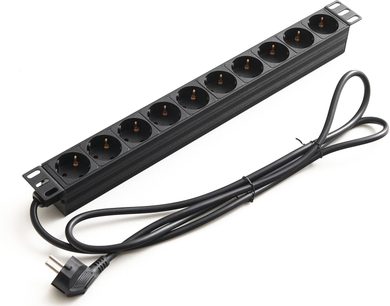 Power strip with switch, 10 SCHUKO sockets aligned horizontally, black cable attached with European plug