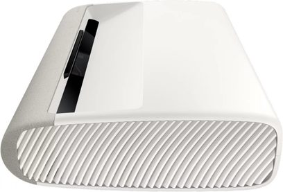 Samsung The Premiere SP-LPU7D projektor, set ovenfra, hvid overflade, buet frontgitter, sorte detaljer