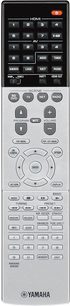 Yamaha RX-A860 titanium remote control, front view, black and white buttons, LCD screen, white text on black background