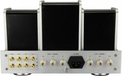Jolida JD 202 BRC sort hi-fi rørforstærker, set forfra, 3 rør, 8 forgyldte knapper, 1 hovedtelefonstik, 2 RCA-stik, sort finish
