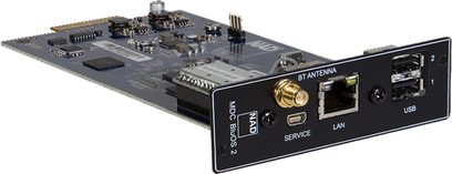 Netværkskort til lyd BluOS 2 NAD MDC DD-BluOS2 set ovenfra, Ethernet-stik, USB og Wi-Fi-antenne