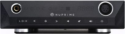 Nuprime DAC-10H sort audio-konverter, frontpanel med LED-skærm, knapper, hovedtelefonstik og audio-ind-/udgange