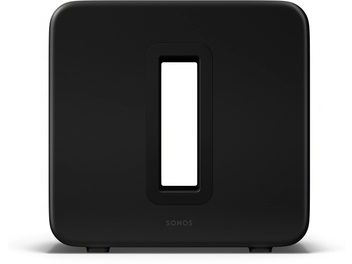 Subwoofer Sonos Sub (Gen 4) čierny, pohľad spredu, obdĺžnikový tvar, stredový obdĺžnikový otvor, hladký povrch