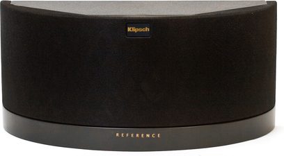 Sort Klipsch Reference højttaler, tæt forfra, rundet cylindrisk form, gyldent logo i midten